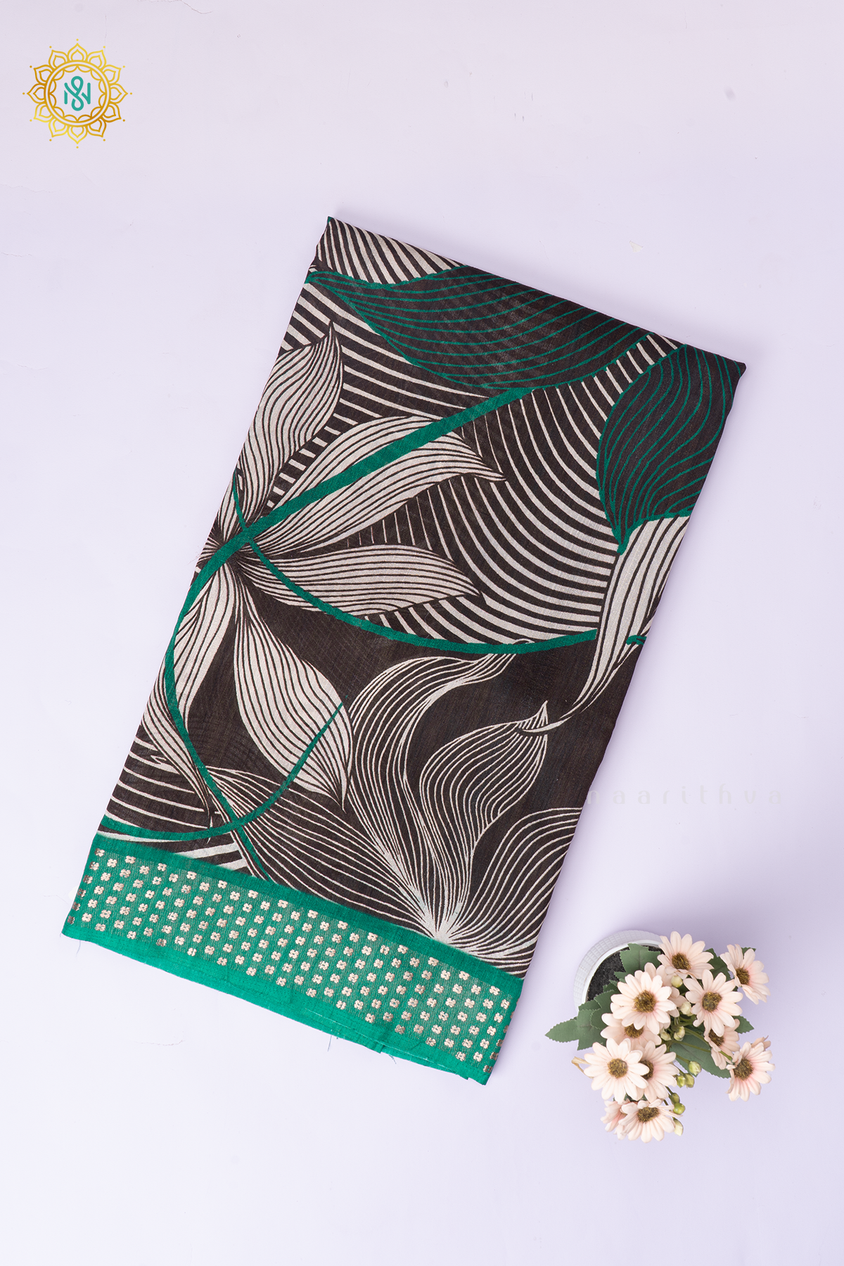 Black With Green Semi Cotton Tussar Saree with Printed Body & Contrast Pallu