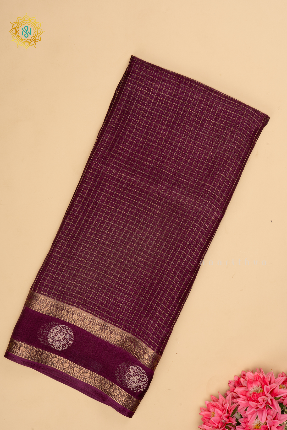 Wine - Semi Georgette Saree with Zari Checks Body and Zari Border