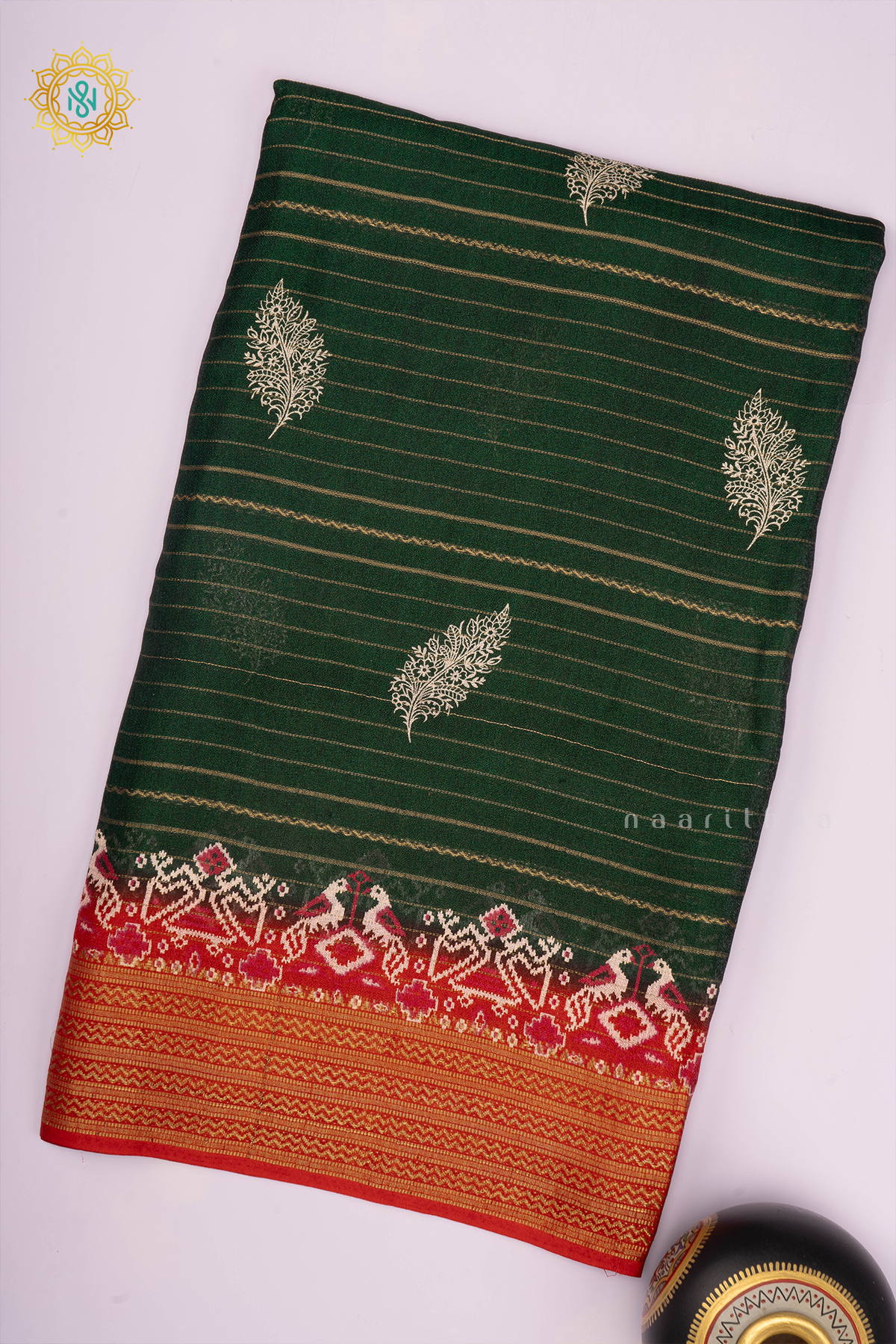 BOTTLE GREEN WITH RED - SEMI GEORGETTE