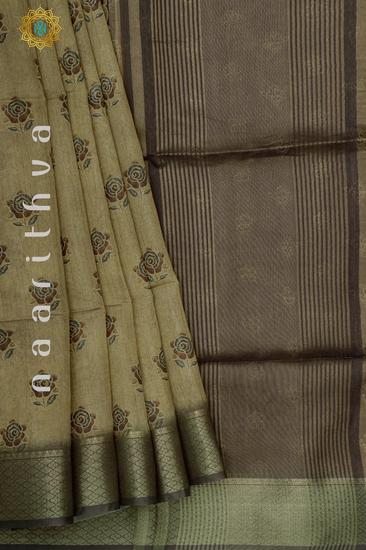 BEIGE WITH GREEN - SEMI TUSSAR SILK