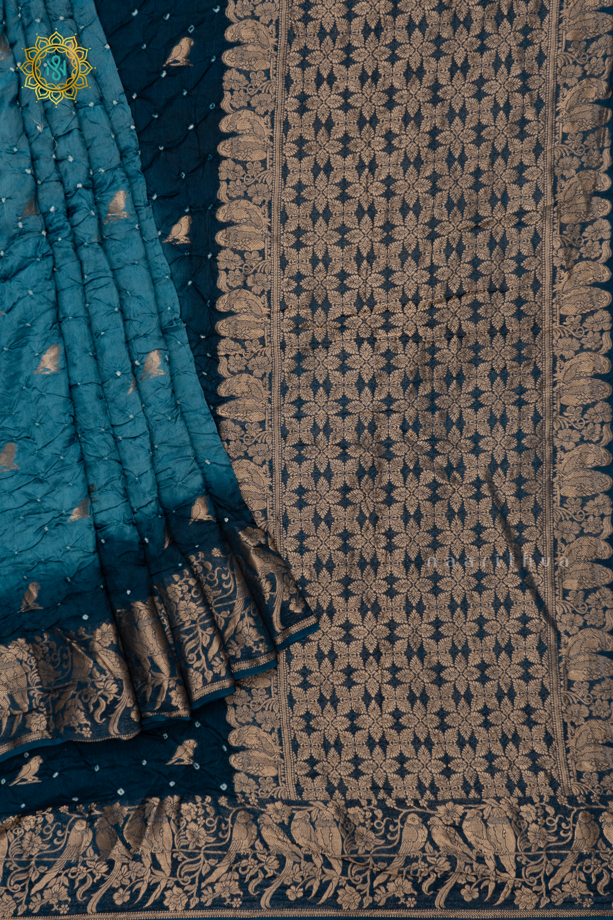 SKY BLUE WITH PEACOCK BLUE - SEMI TUSSAR WITH BANDHINI TIE & DYE