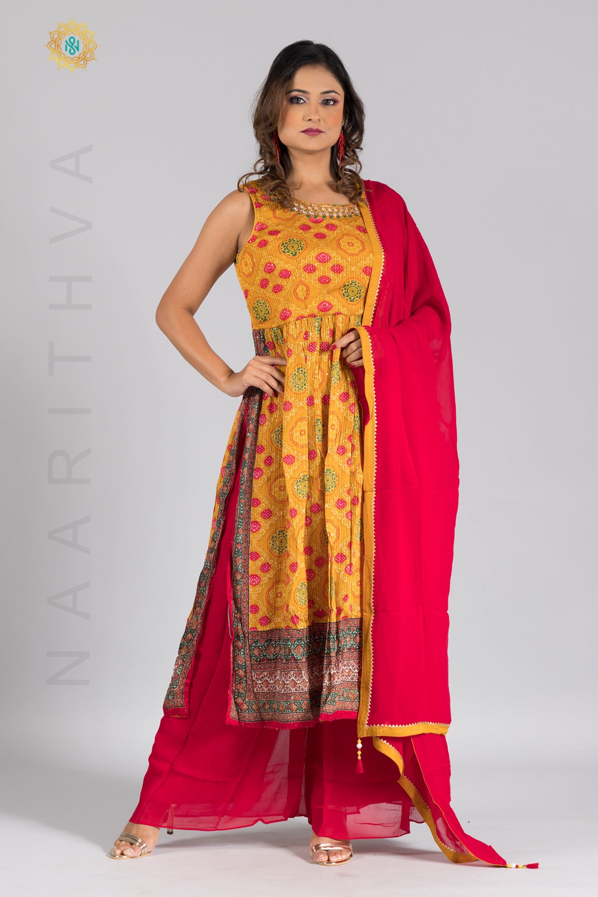 YELLOW WITH RED - PRINTED NAYRA CUT SALWAR SUIT WITH PALAZZO PANT & DUPATTA