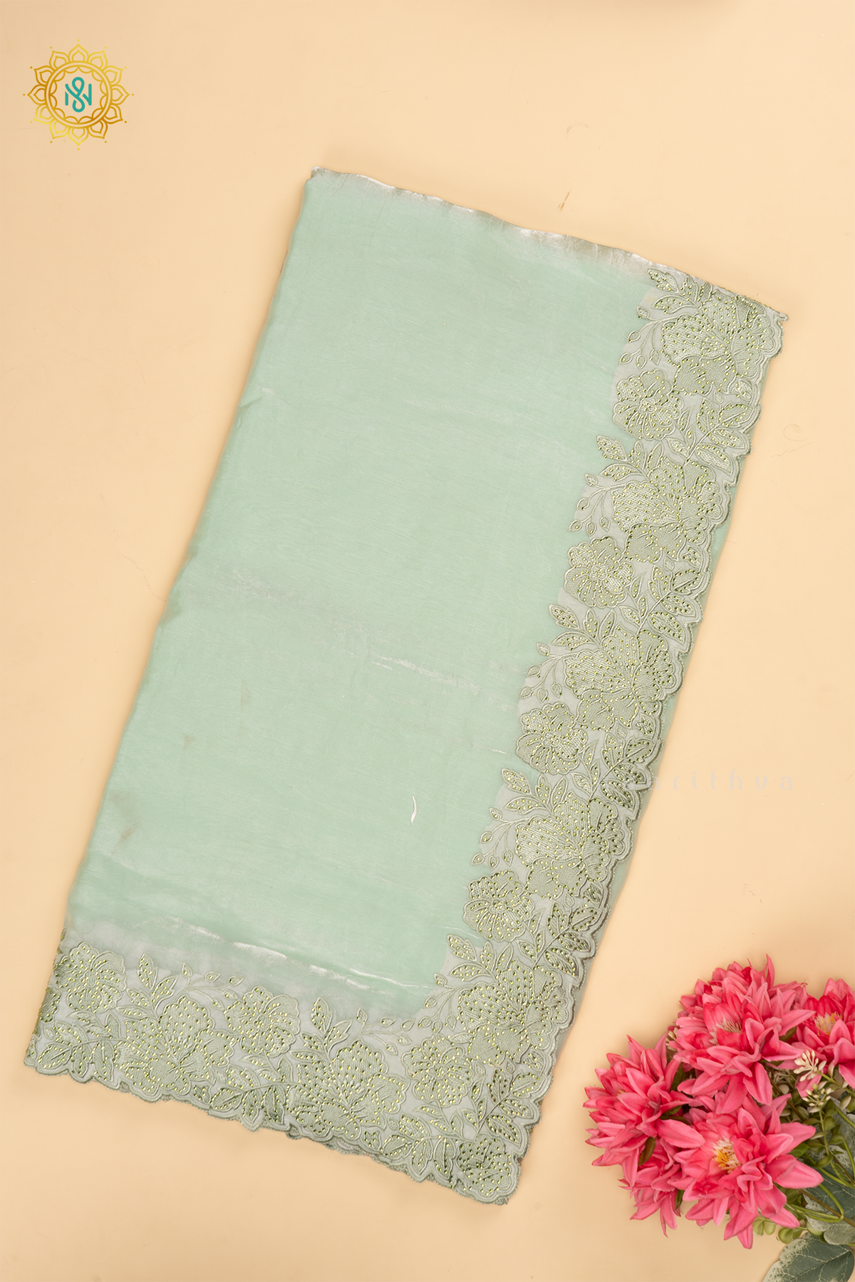 Pista Green - Tissue Organza Saree with Allover Plain Body with Thread Work and Stone work border