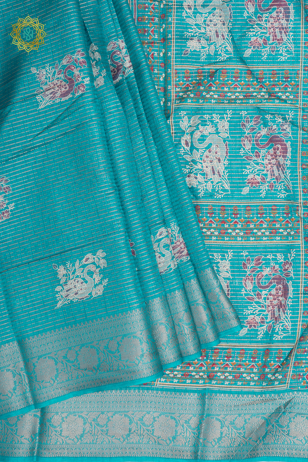 Sky Blue Dola Silk Saree With Allover Printed Buttas And Zari Stripes With Zari Border