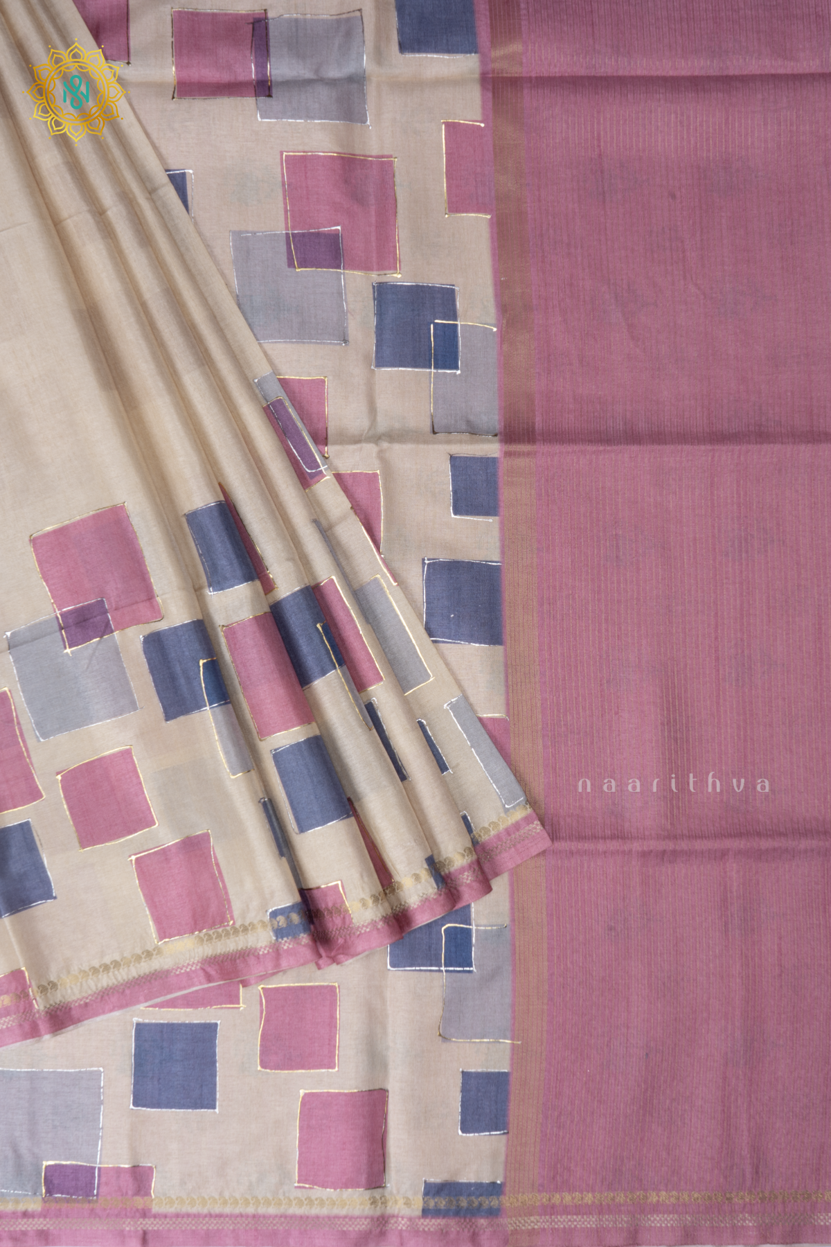 Off White With Light Pink Semi Tussar Silk Saree With Allover Geometrical Prints On The Body With Contrast Pallu