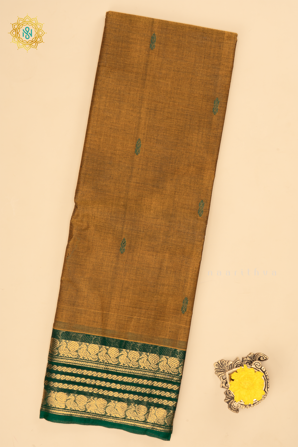 Mustard With Green - Chettinad Cotton Saree Allover Thread Woven Buttas With Contrast Zari Border