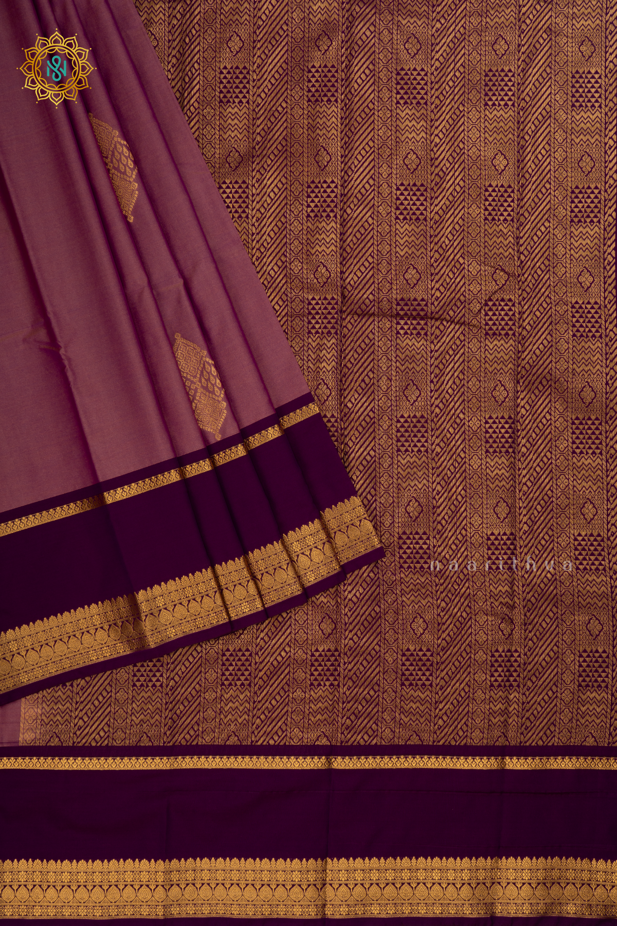 Pinkish Lavender with Wine Semi Kanchi Saree With Zari Buttas All Over And Contrast Zari Gap Border