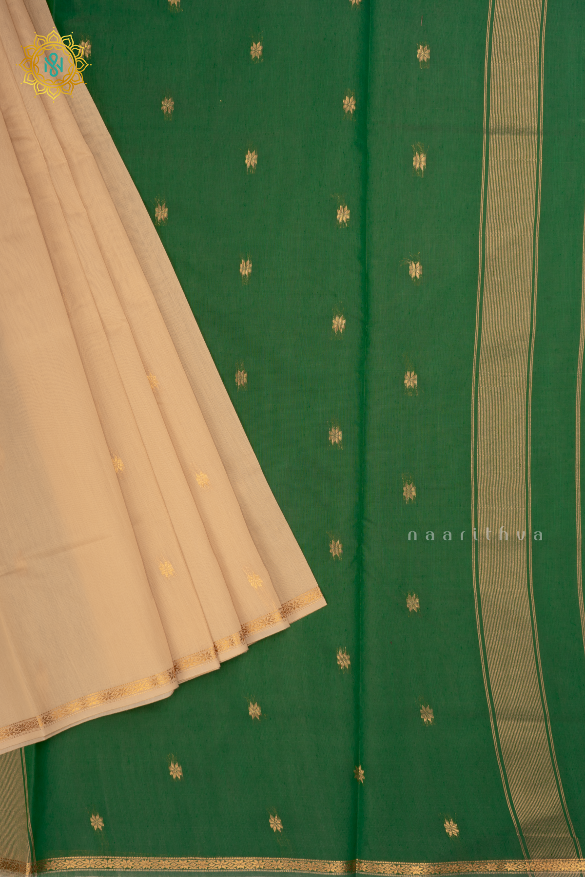 Beige With Green Silk Cotton Saree With Zari Woven Buttas And Contrast Zari Border
