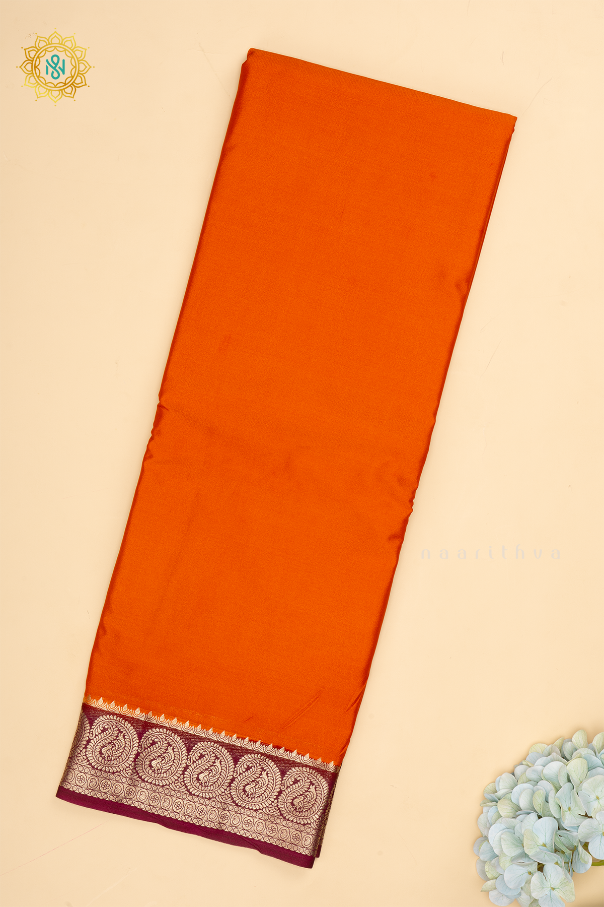 Orange With Wine Semi Mysore Crepe Saree With Plain Body And Contrast Mango Zari Border