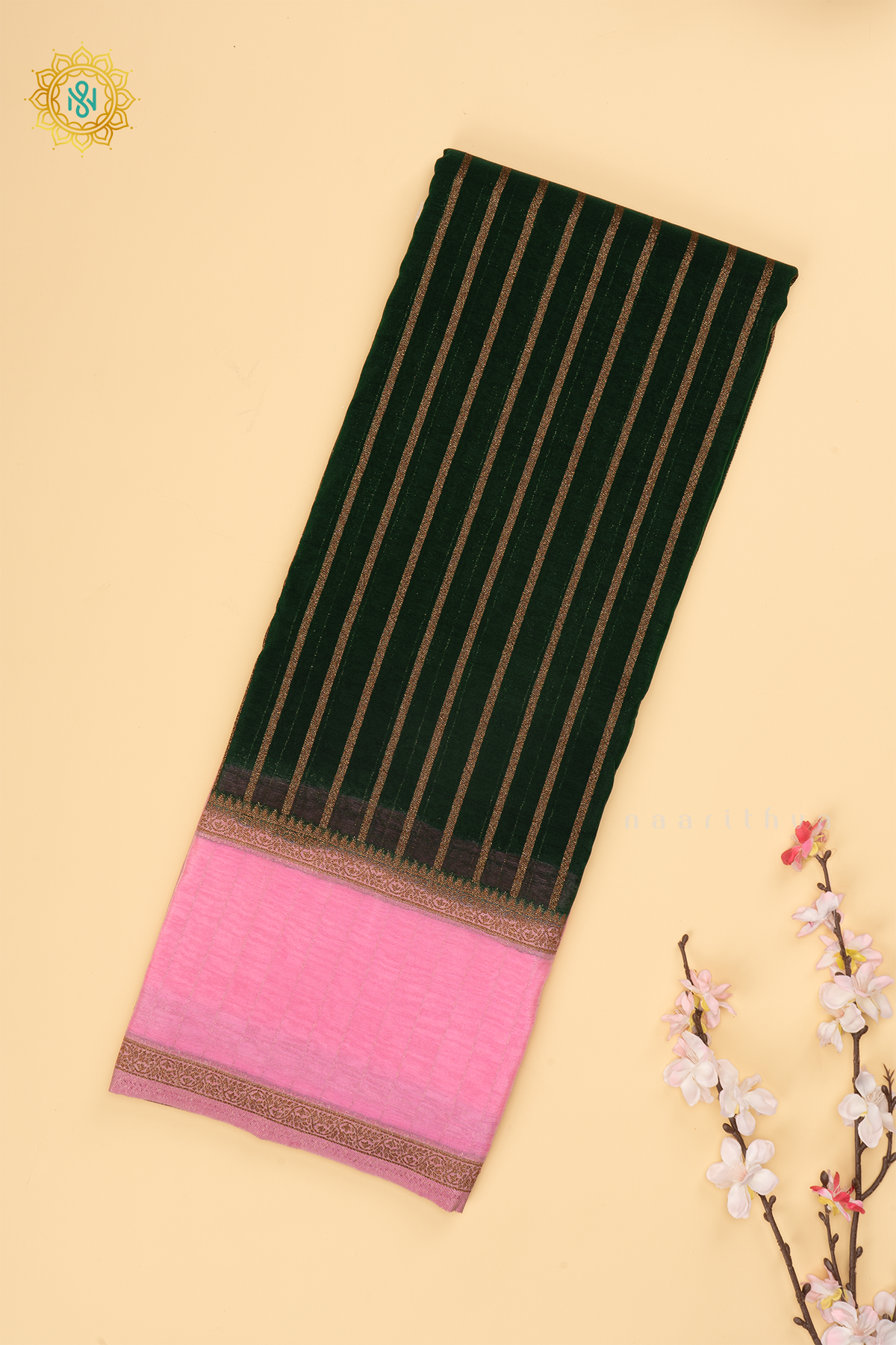 Bottle Green with Light Pink Semi Chiffon Georgette Saree with Allover Zari Stripes and Zari Gap Border