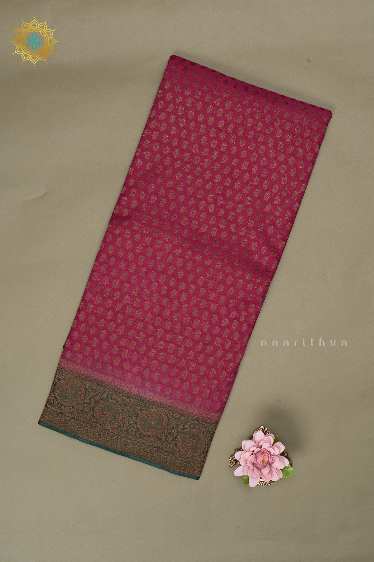 Pink With Green Semi Banarasi Georgette Saree Allover Zari Buttas On The Body With Contrast Zari Border & Pallu