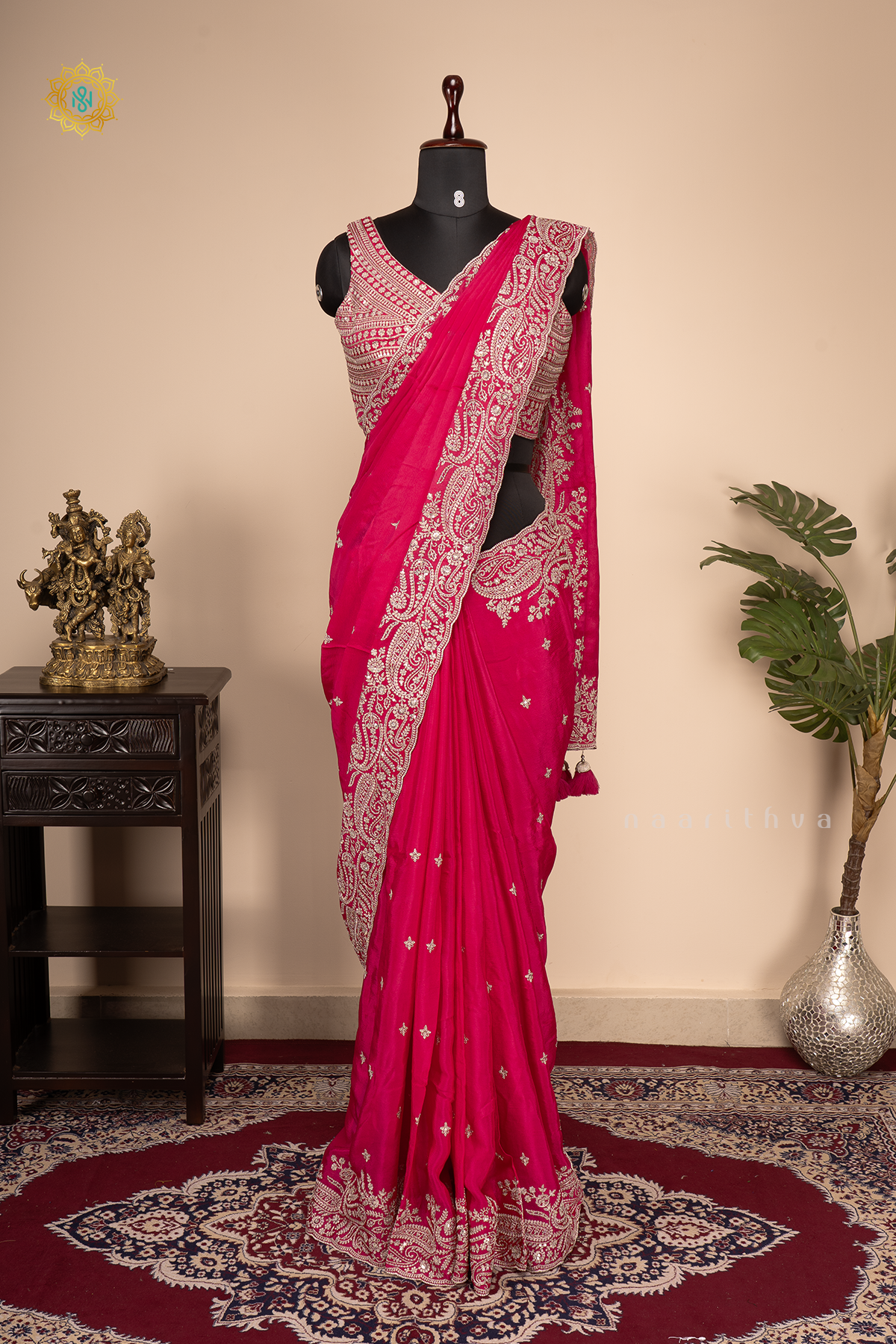 RANI PINK - CREPE PARTY WEAR SAREE WITH READYMADE BLOUSE