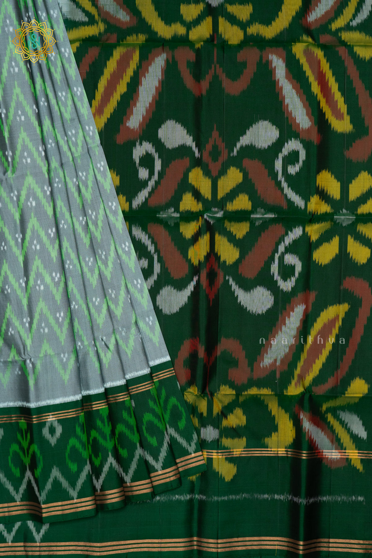 GREY WITH BOTTLE GREEN - PURE KANJIVARAM IKAT SOFT SILK