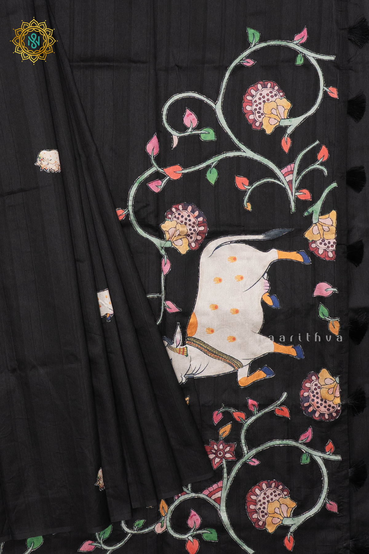 BLACK WITH WHITE - SEMI TUSSAR SILK