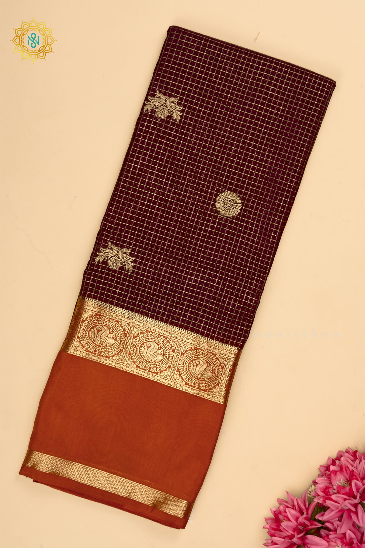 Rust Orange with Brown - Semi Crepe Silk Saree with Allover Plain Body with Contrast Zari Border, Pallu and Blouse