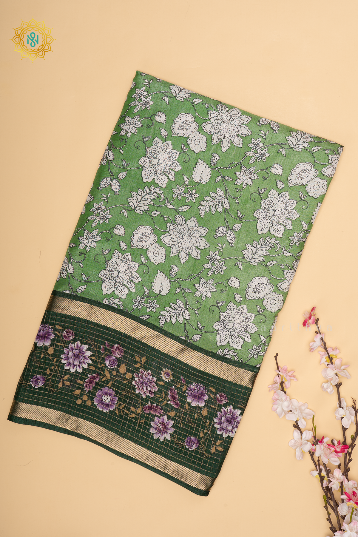 Light Green With Bottle Green Dola Silk Saree With Printed Body And Contrast Zari Checks Border