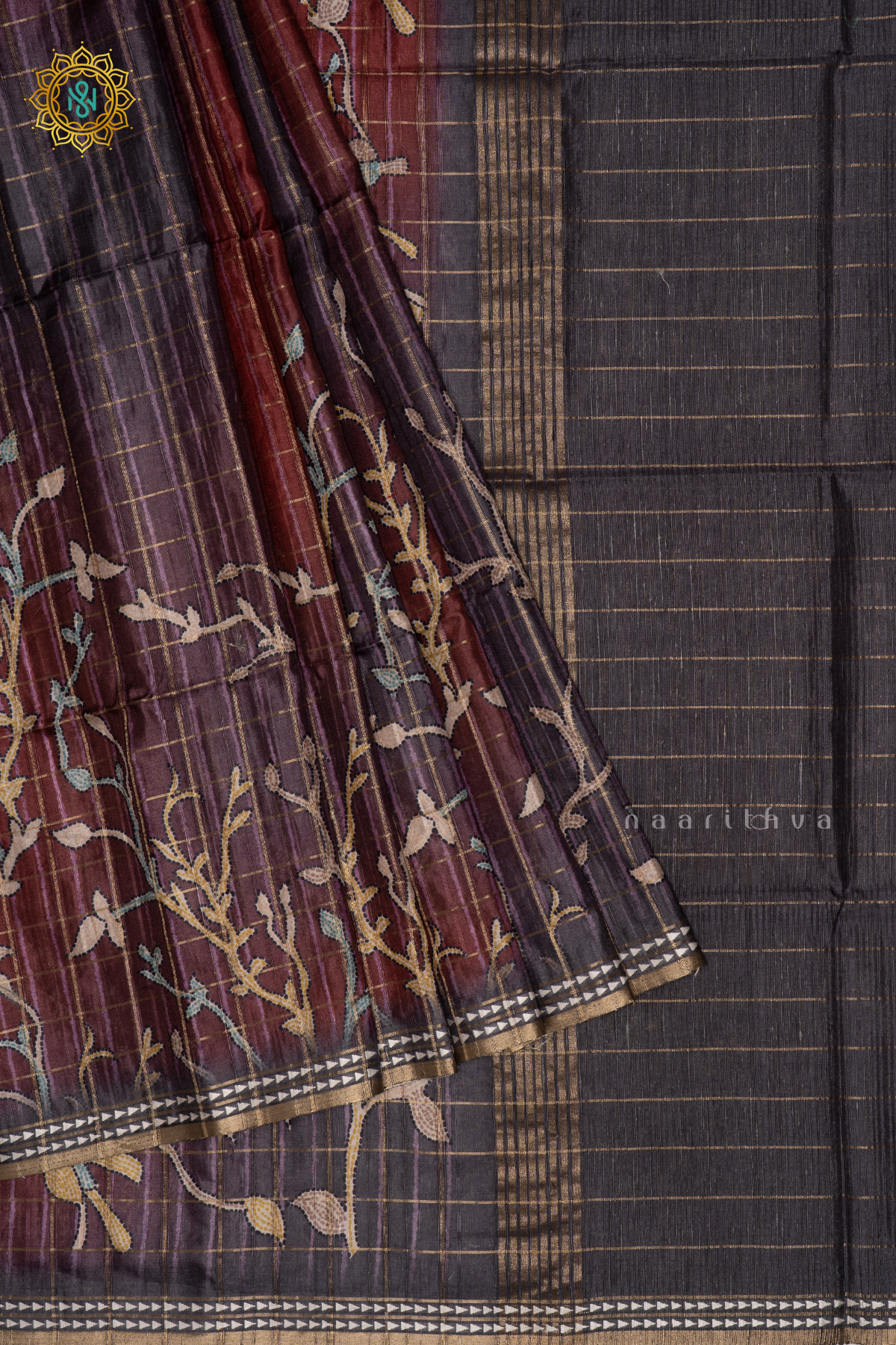 GREY - KOTHA TUSSAR SAREE WITH PRINTED AND ZARI CHECKS BODY, THREAD WOVEN BORDER