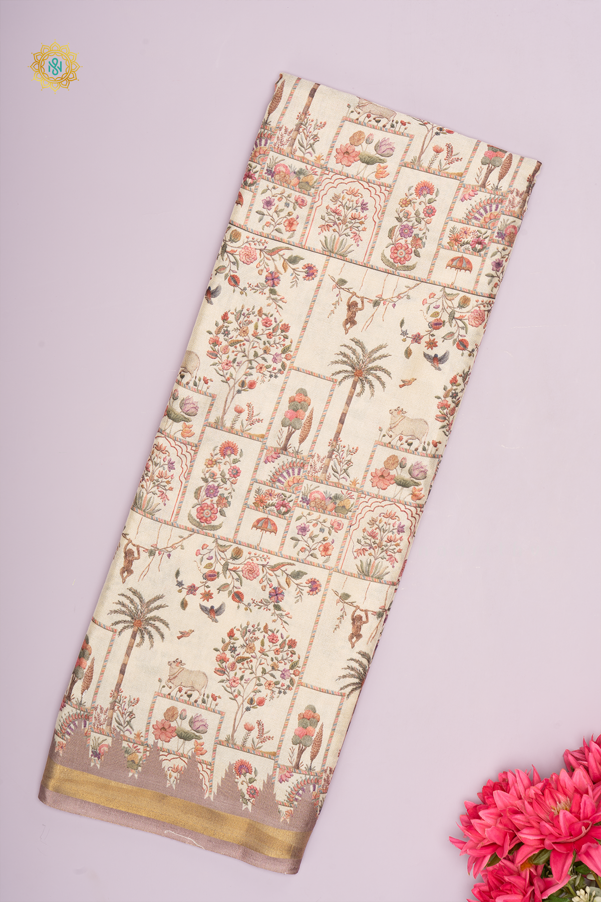 OFF WHITE WITH MAUVE  - SOFT TUSSAR