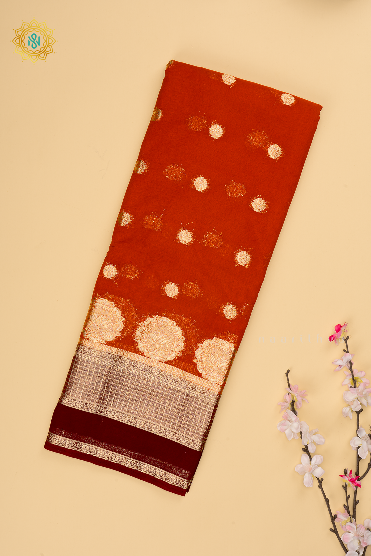 Rust Orange with Wine Semi Chiffon Georgette Saree with Allover Zari Buttas and Zari Checks  Border