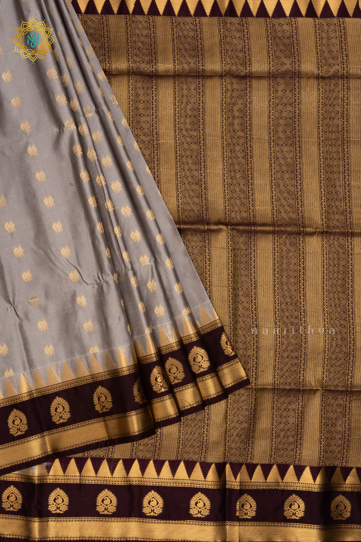 GREY WITH DEEP WINE - SEMI SOFT SILK SAREE ALLOVER ZARI BUTTAS AND CONTRAST TEMPLE RISING GAP BORDER