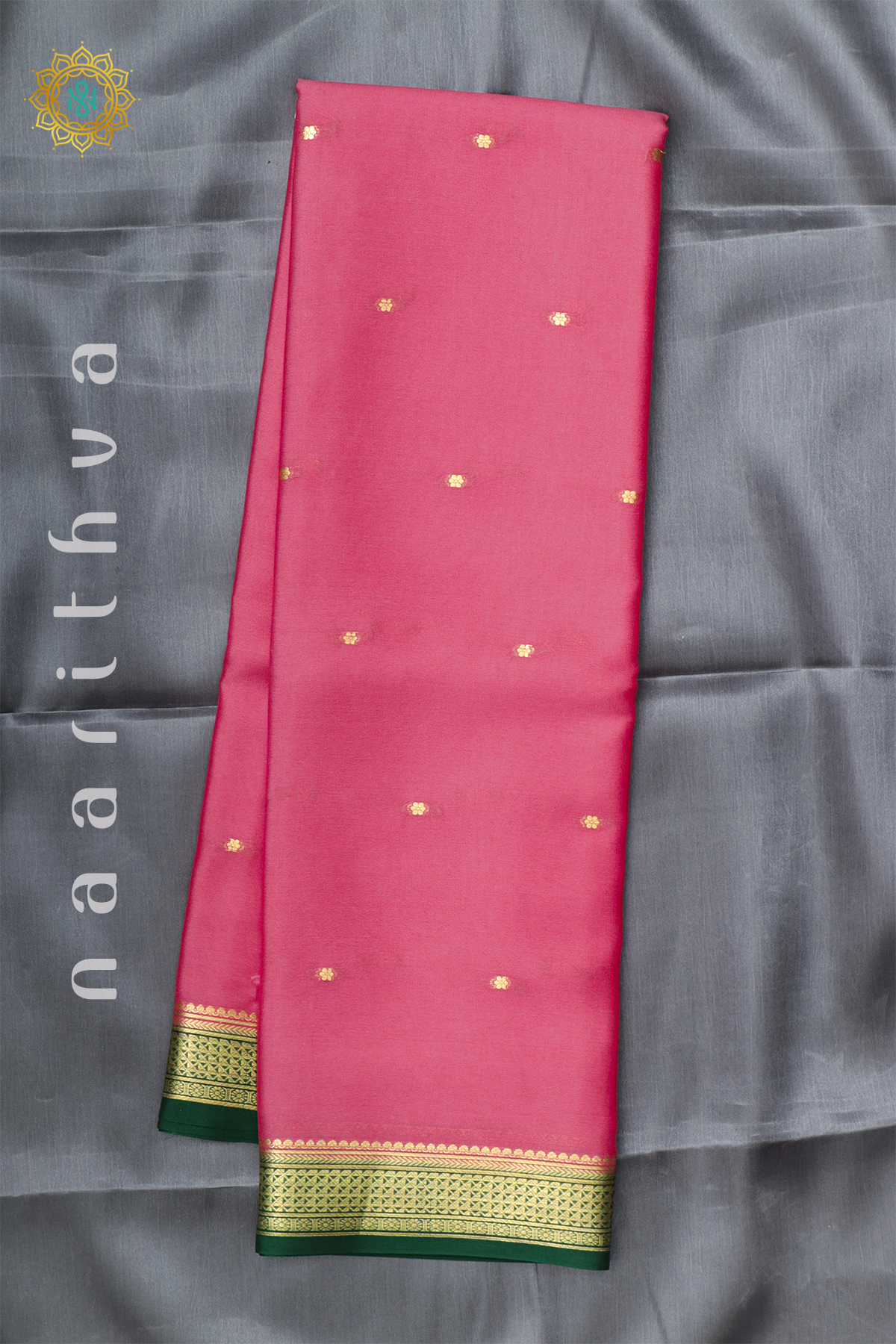 PEACHISH PINK WITH GREEN - PURE MYSORE CREPE SILK