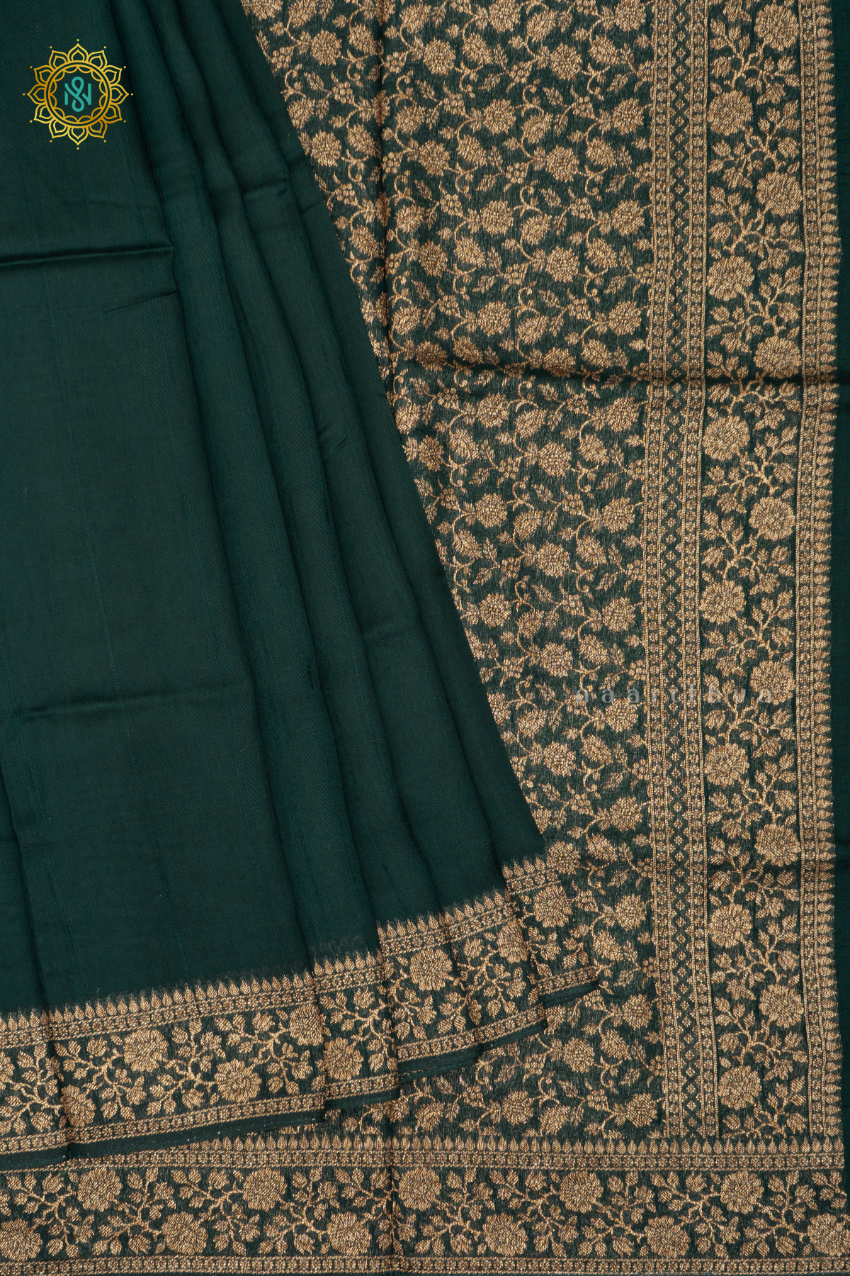 BOTTLE GREEN WITH RED - SEMI TUSSAR SILK