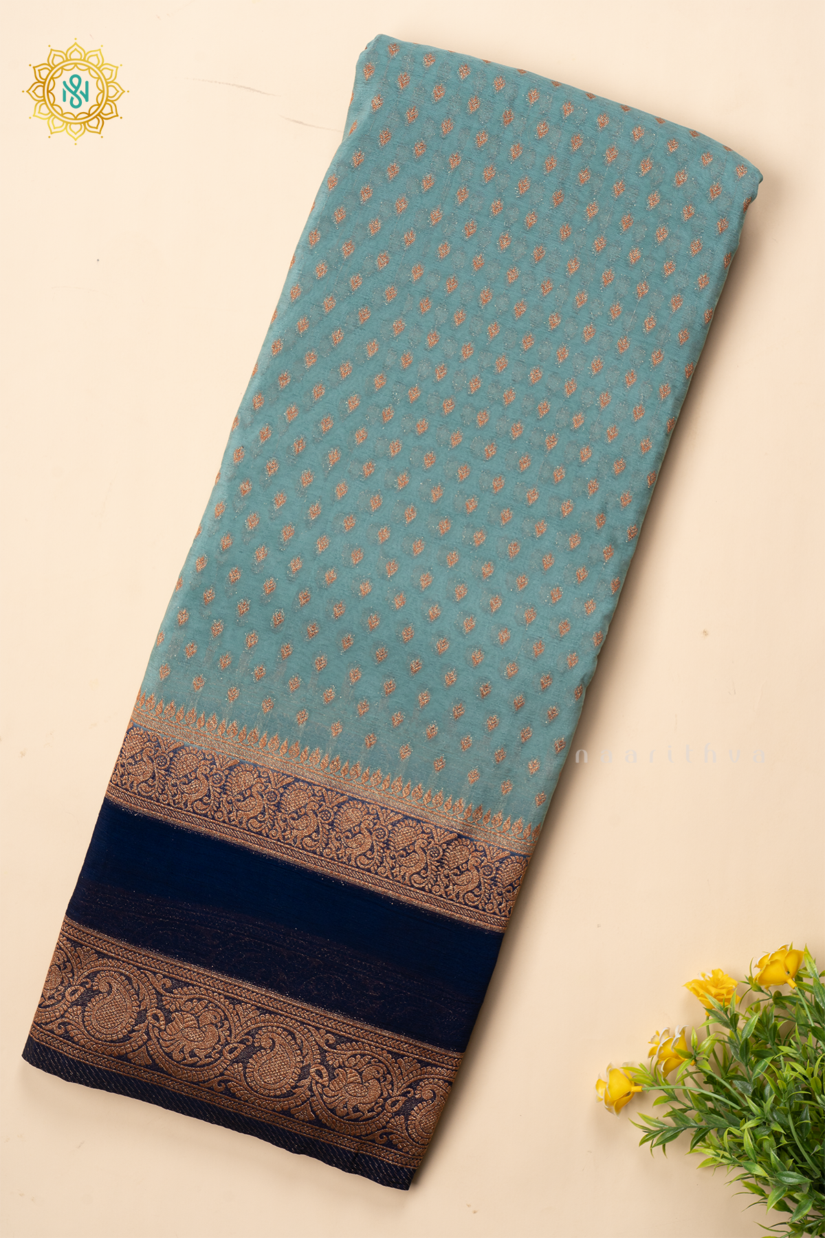 AQUA BLUE WITH NAVY BLUE - SEMI CREPE GEORGETTE