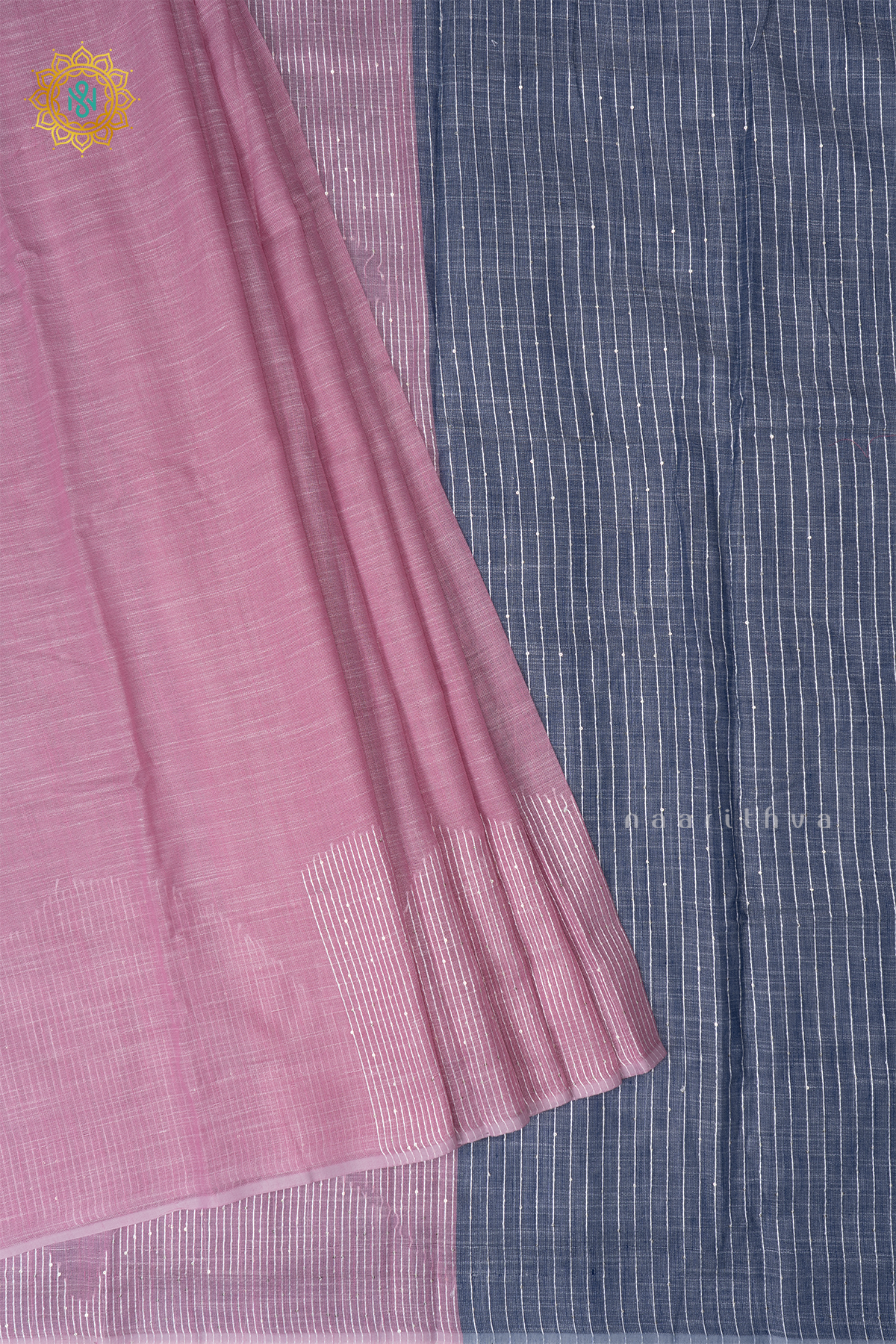 Light Pink With Grey Linen By Cotton Saree With Contrast Pallu & Blouse