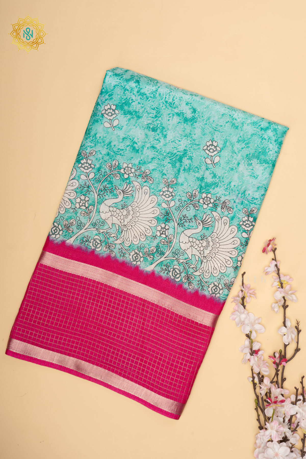 Aqua Blue With Rani Pink Dola Silk Saree With Printed Body And Contrast Zari Checks Border