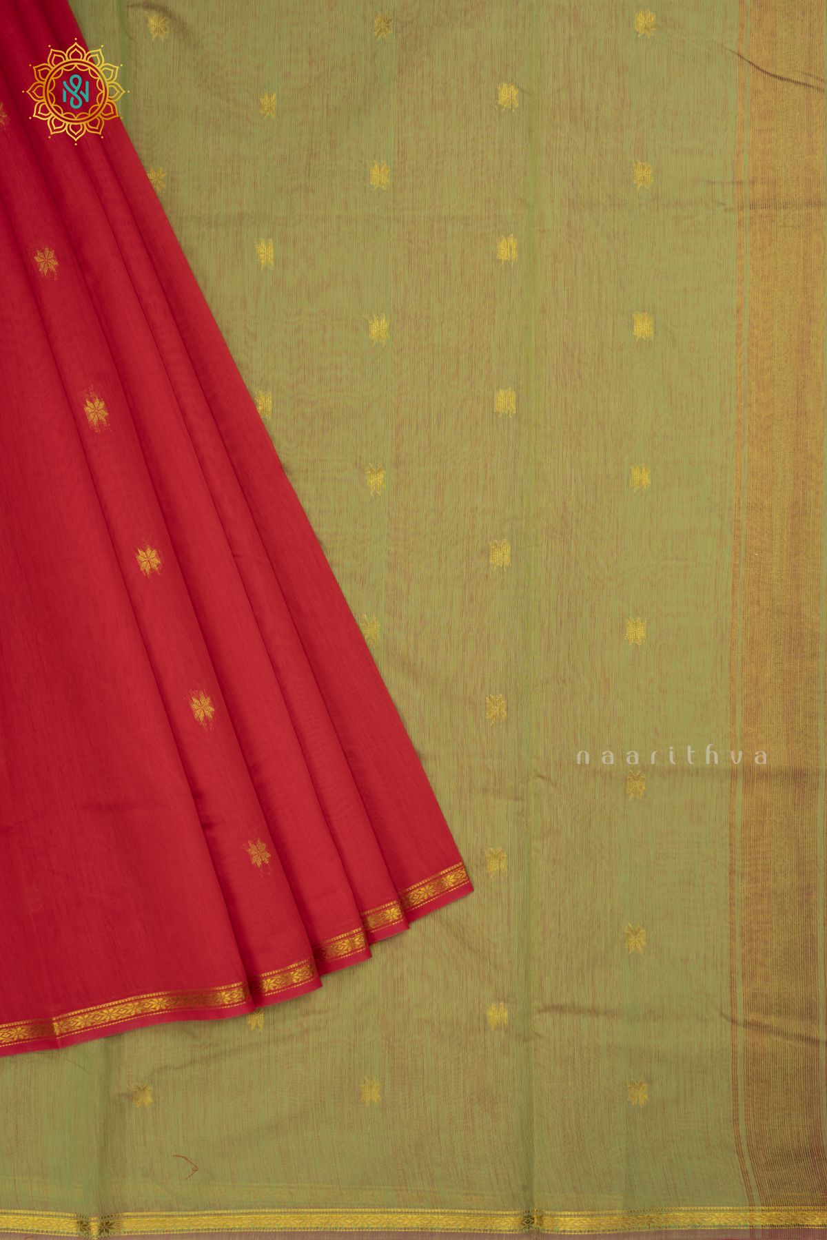 Red With Light Green Silk Cotton Saree With Zari Woven Buttas And Contrast Zari Border