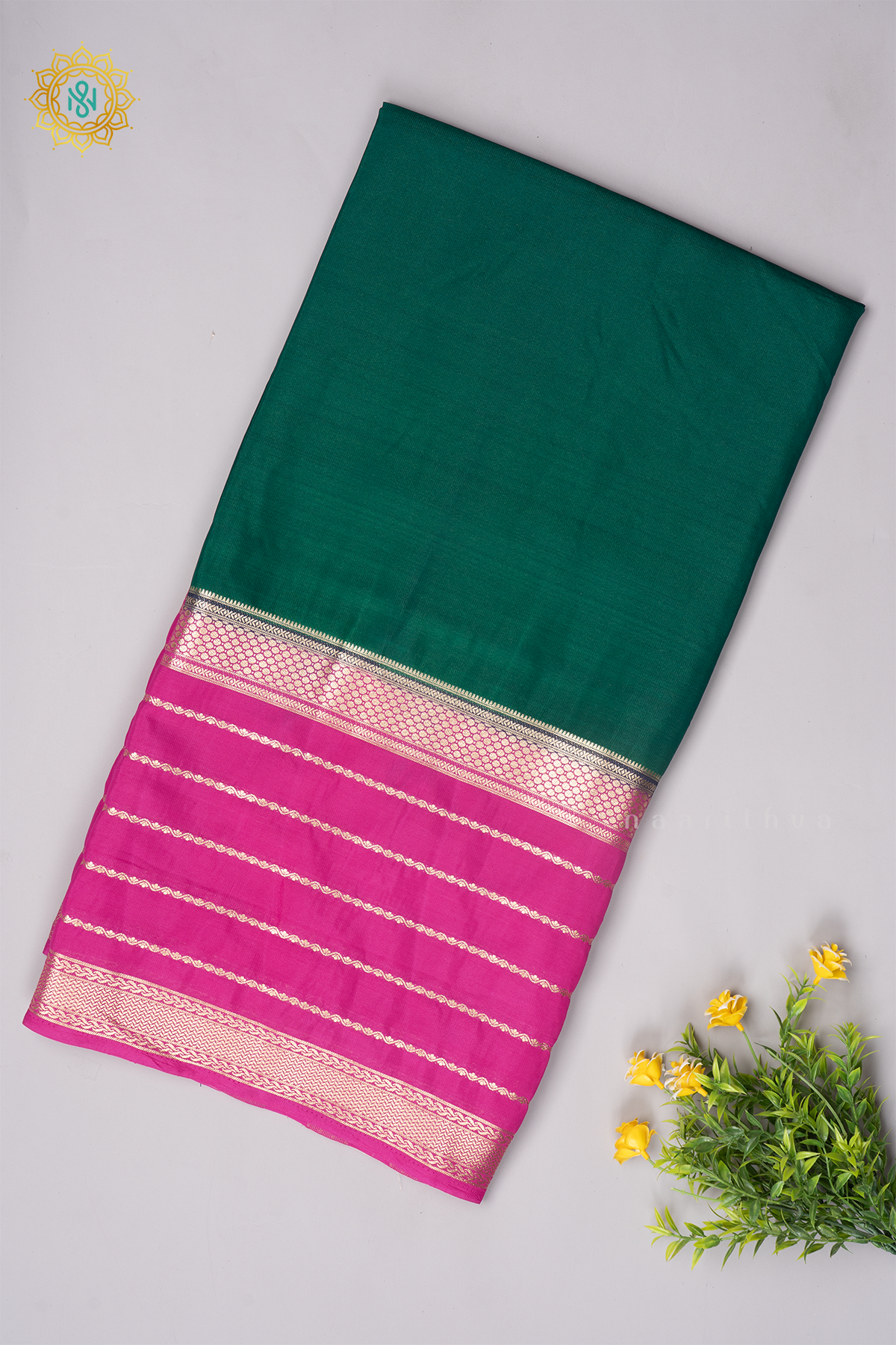 GREEN WITH PINK - SEMI MYSORE CREPE SILK