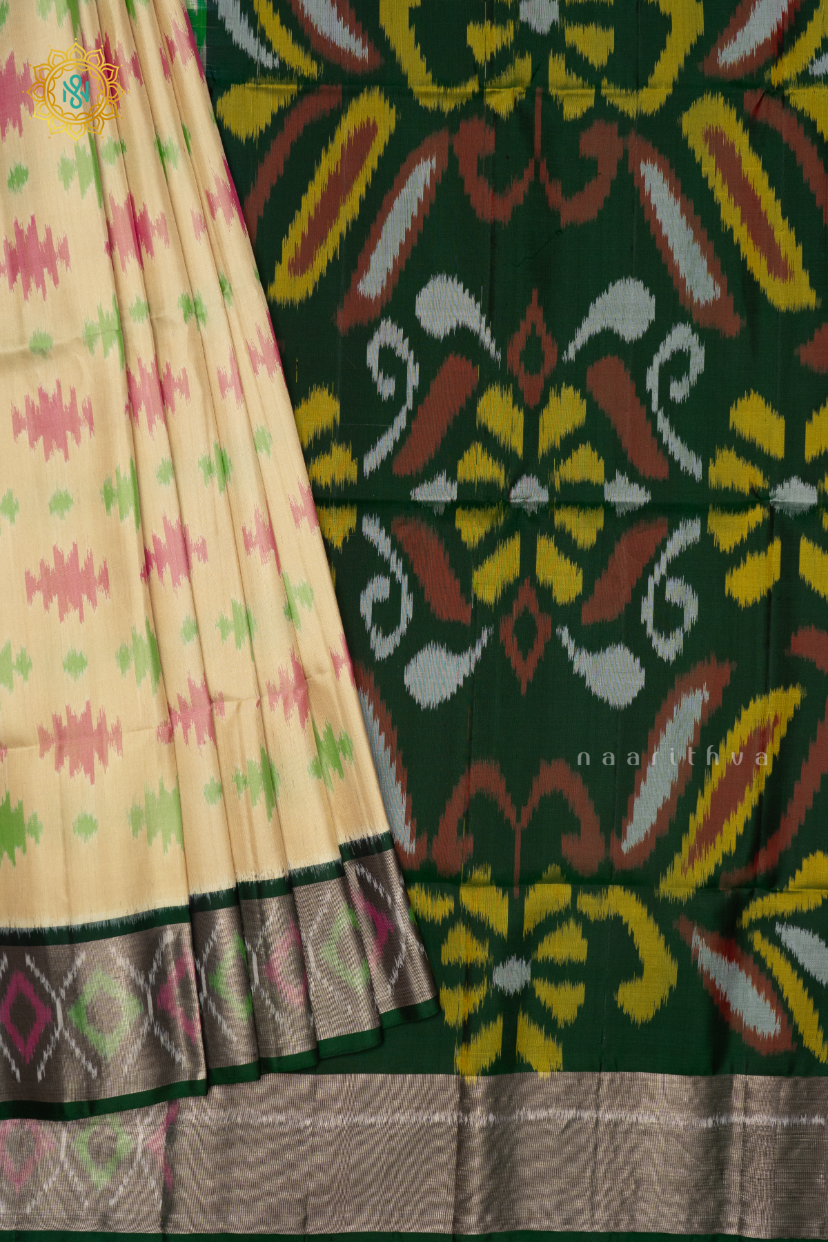 OFF WHITE WITH BOTTLE GREEN - PURE KANJIVARAM IKAT SOFT SILK