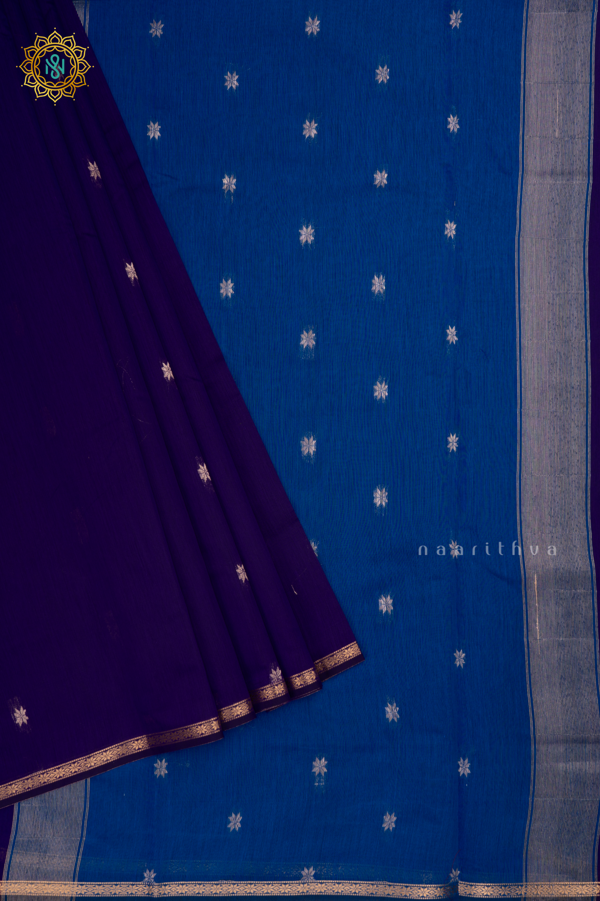 Navy Blue With Royal Blue Silk Cotton Saree With Zari Woven Buttas And Contrast Zari Border