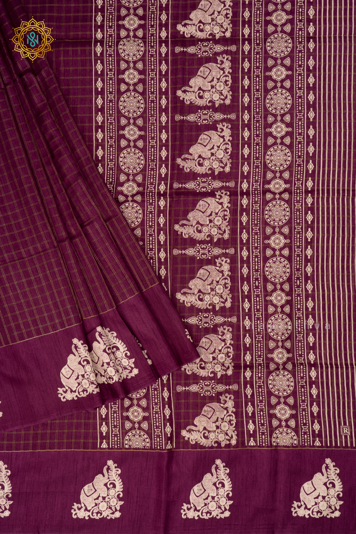 Wine - Dola Silk Saree Allover Zari Checks and Printed Pallu with Satin Printed Border