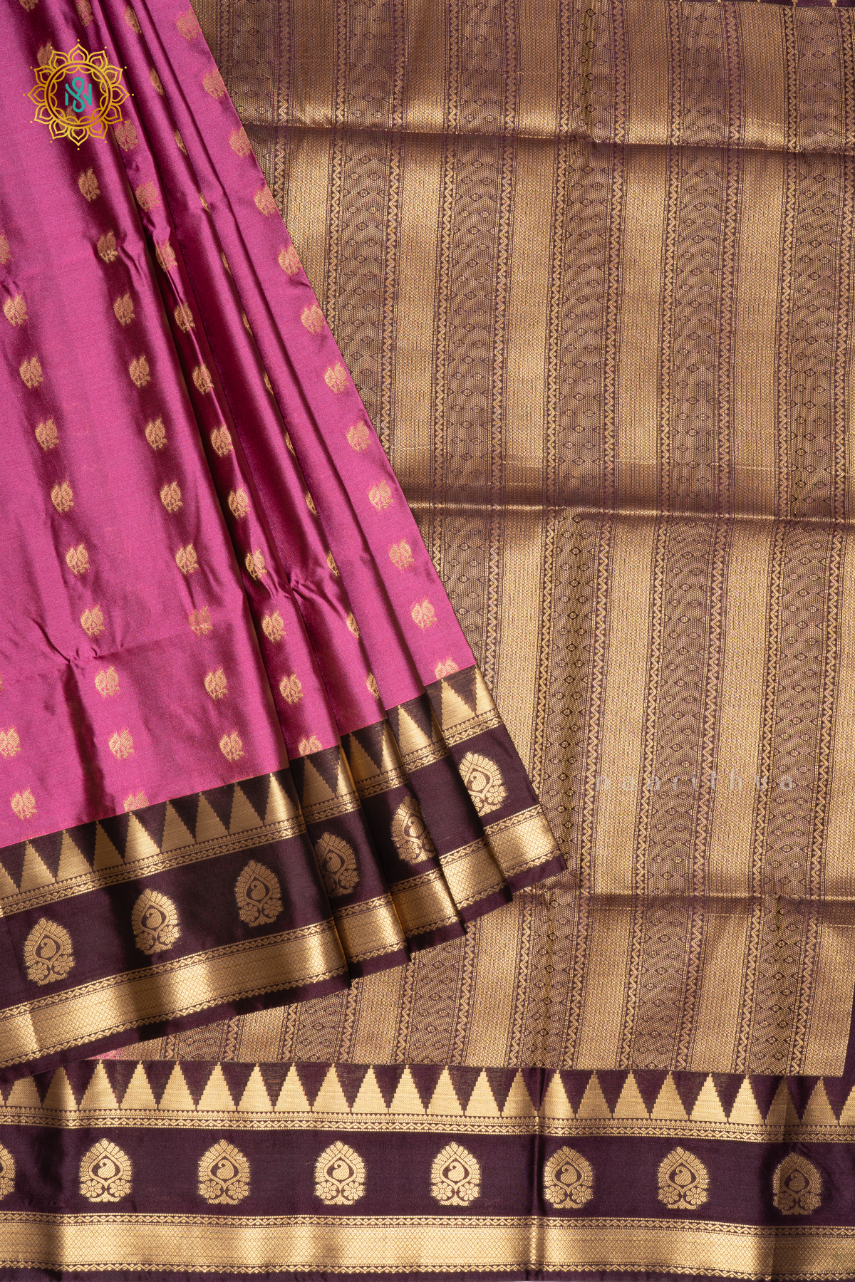PINKISH LAVENDER WITH DEEP WINE - SEMI SOFT SILK SAREE ALLOVER ZARI BUTTAS AND CONTRAST TEMPLE RISING GAP BORDER