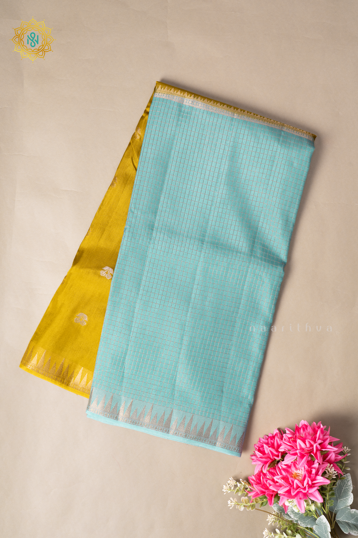 Lime Green With Aqua Blue Semi Crepe Silk Saree With Zari Checks & Buttas On The Body With Half & Half Pattern