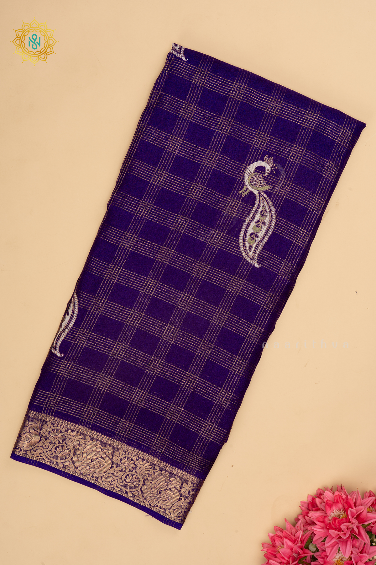 Purple Semi Georgette Saree With Zari Checks Body, Printed Buttas And Zari Border