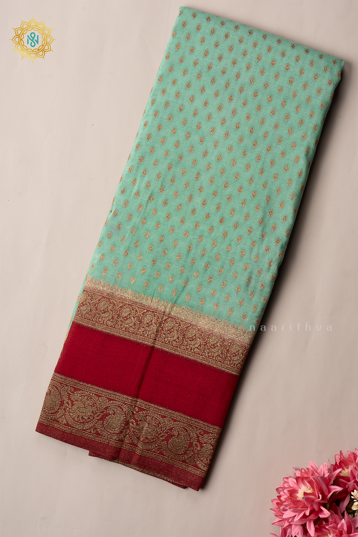 AQUA GREEN WITH RED - SEMI CREPE GEORGETTE