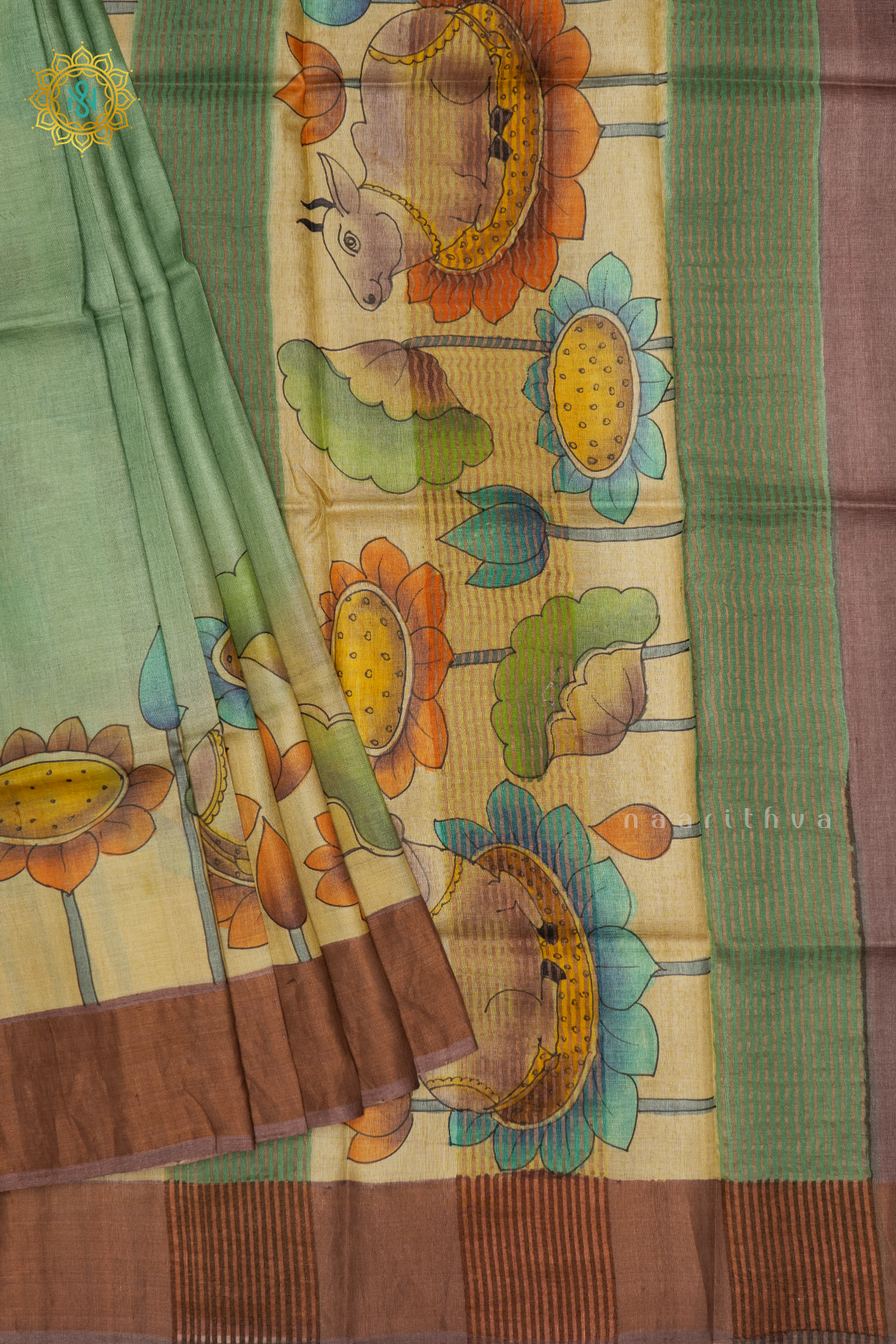 GREEN WITH LIGHT BROWN - PURE TUSSAR SILK