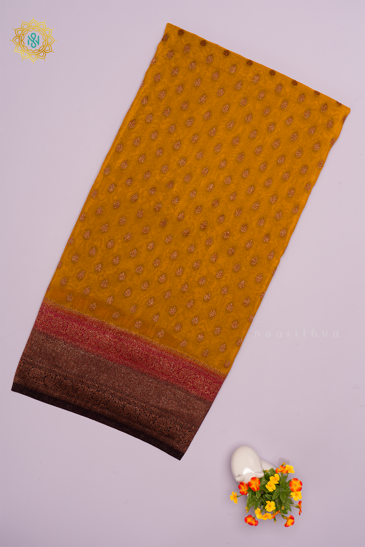 YELLOW WITH PINK AND PURPLE - SEMI CREPE SILK
