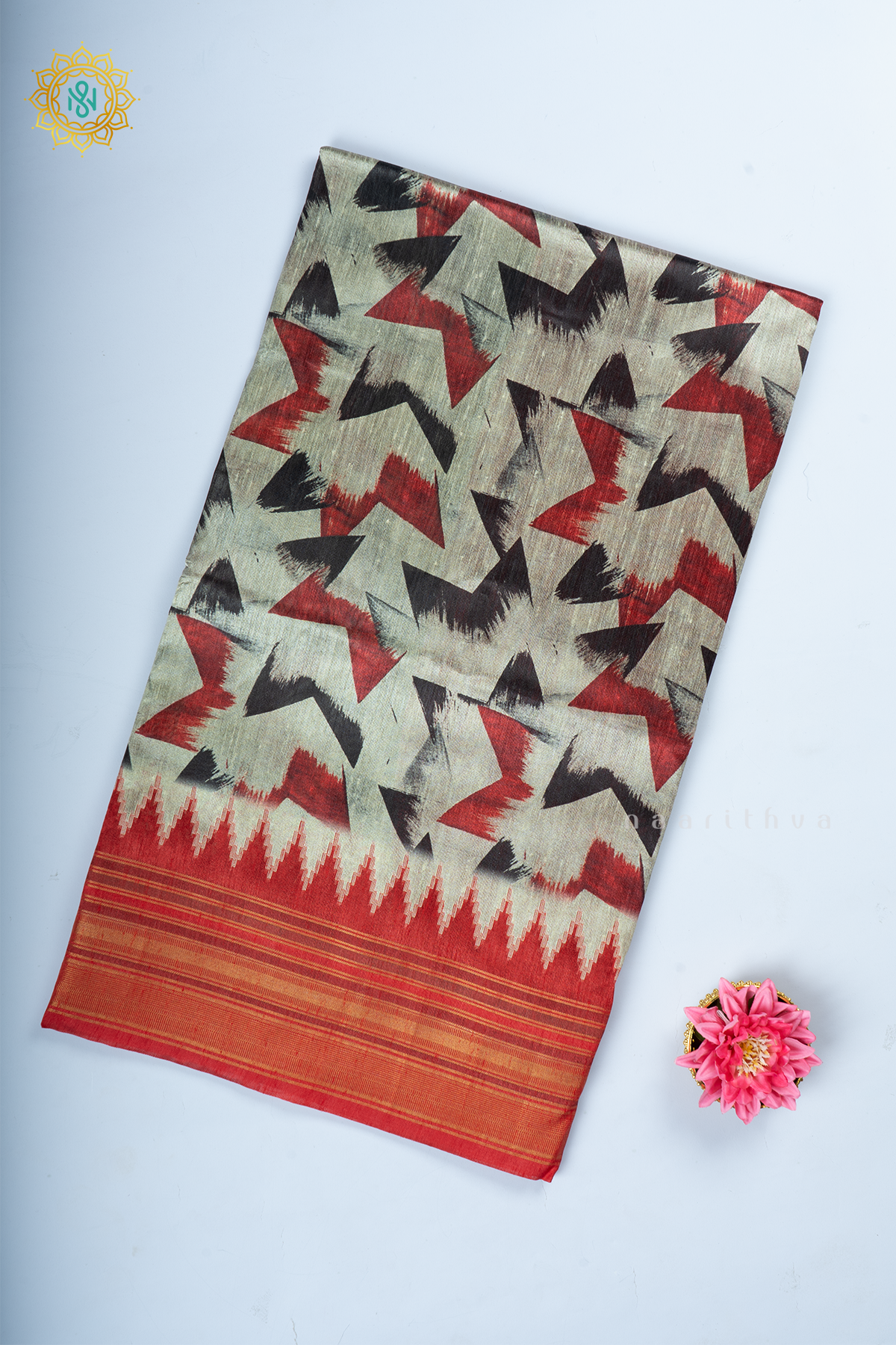 Black With Red Semi Tussar Silk With Printed Body With Zari Border & Pallu