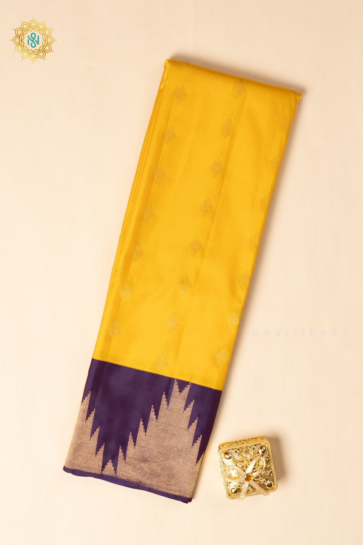 Yellow with Purple Pure Kanjivaram Silk Saree with Zari Woven Buttas and Contrast Temple Zari Border