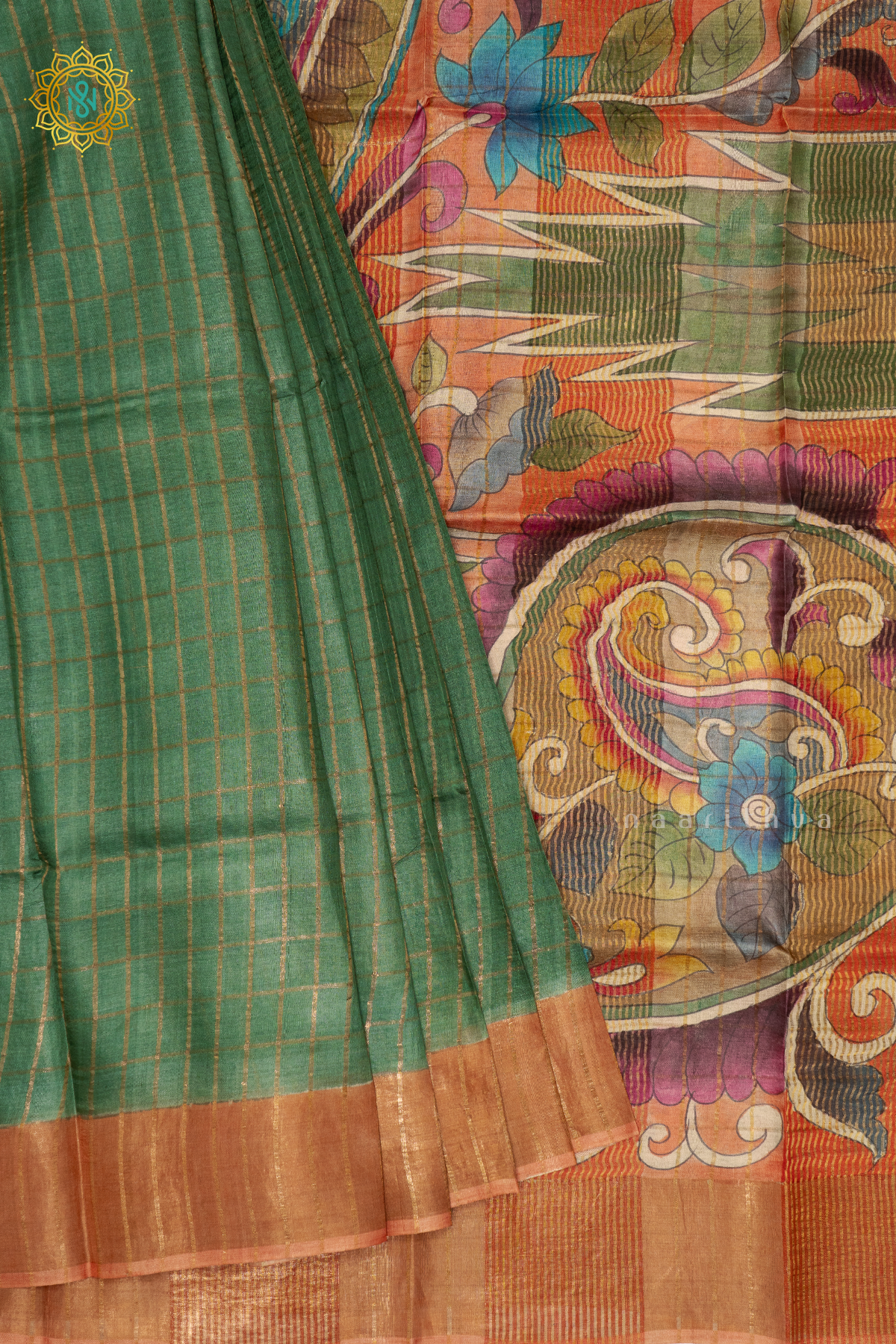 GREEN WITH PEACH - PURE TUSSAR SILK