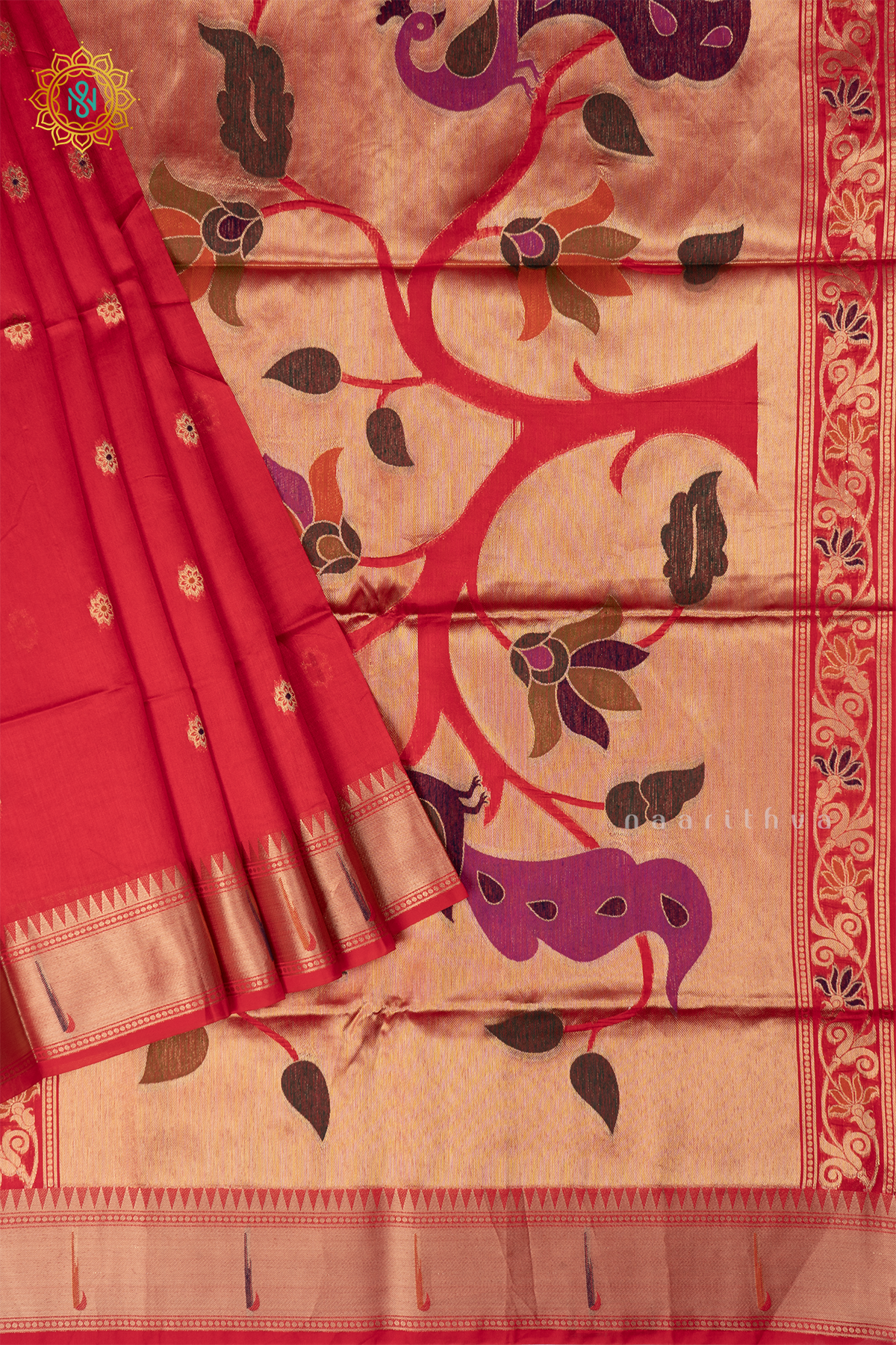 Red Semi Tussar Silk Saree Zari Buttas On The Body With Paithani Border & Pallu