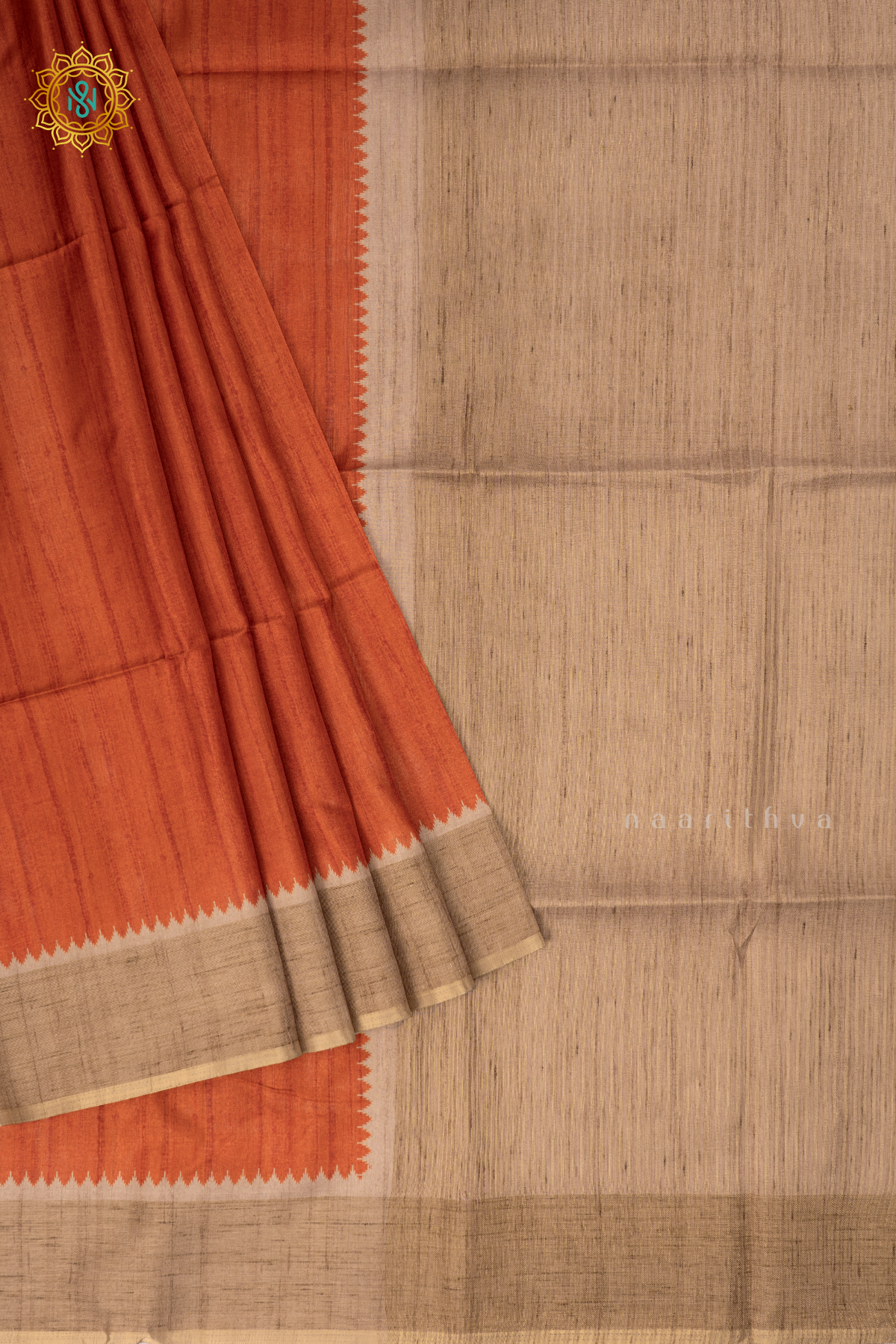 Orange with Beige - Semi Tussar Silk saree Allover Plain Body with Contrast Border, Pallu and Blouse