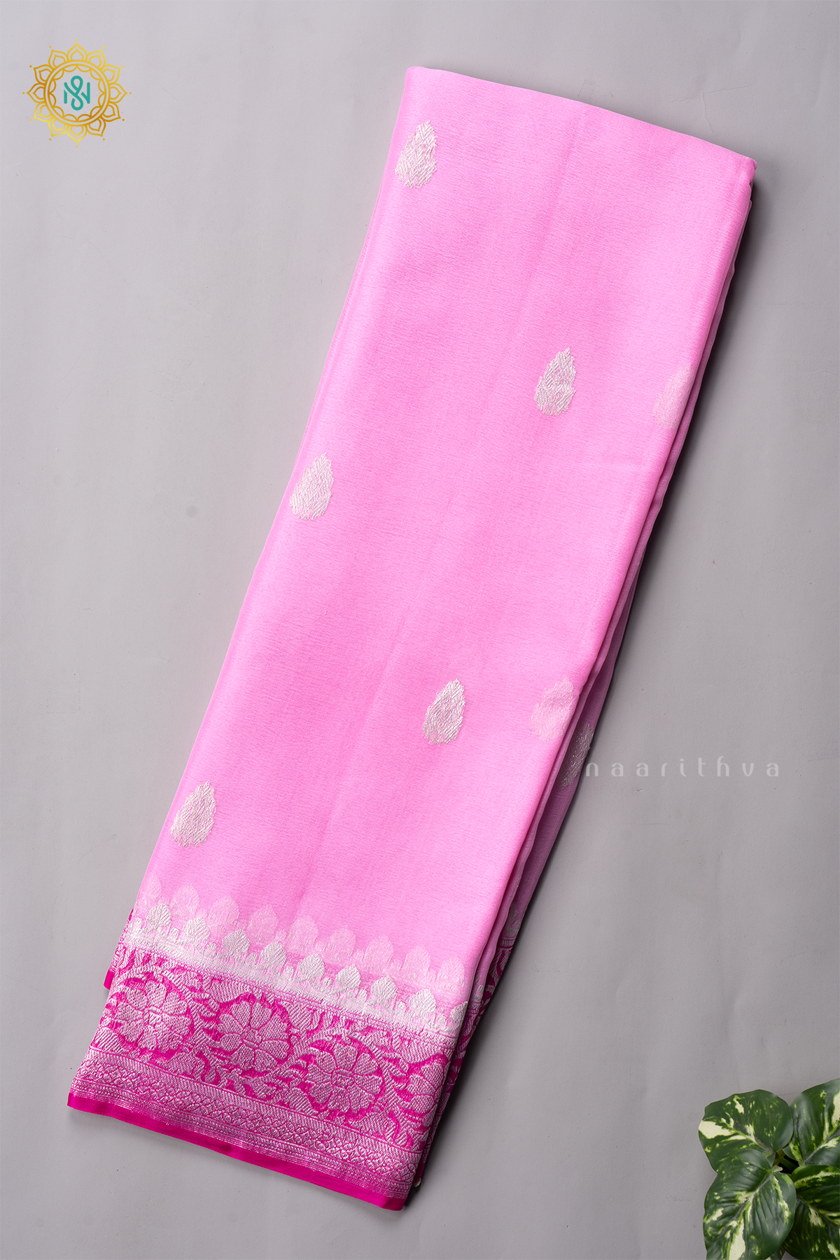 LIGHT PINK WITH RANI PINK - PURE BANARASI CHIFFON