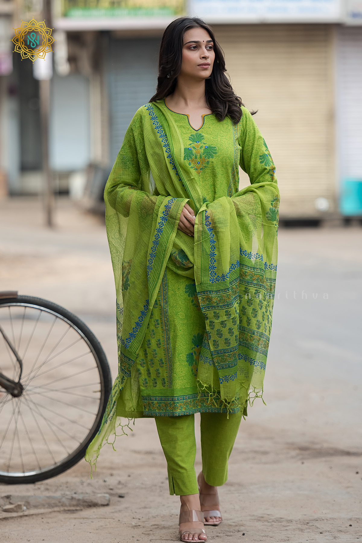 GREEN - COTTON 3PC SALWAR SUIT WITH TOP, BOTTOM & DUPATTA