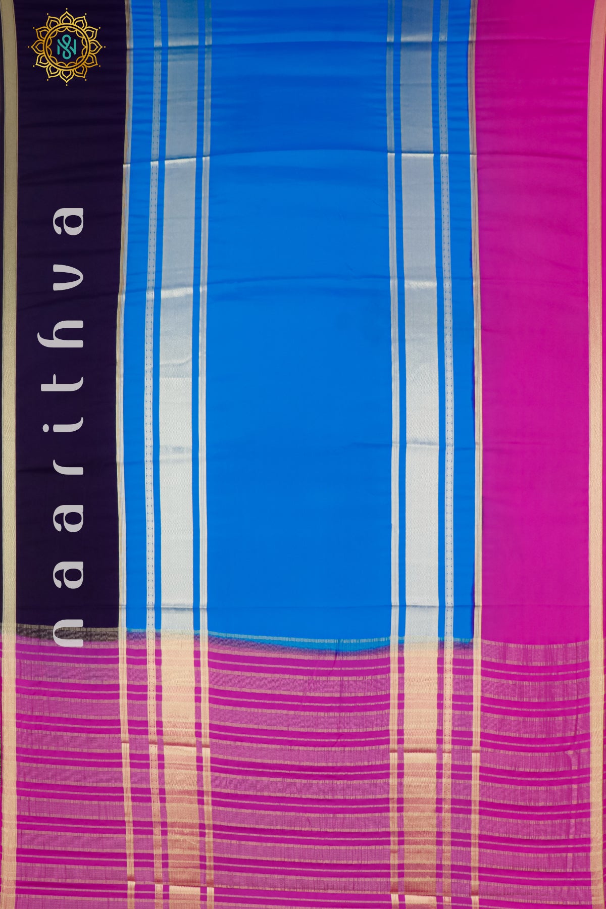 SKY BLUE WITH PINK & NAVY BLUE - SEMI MYSORE CREPE SILK