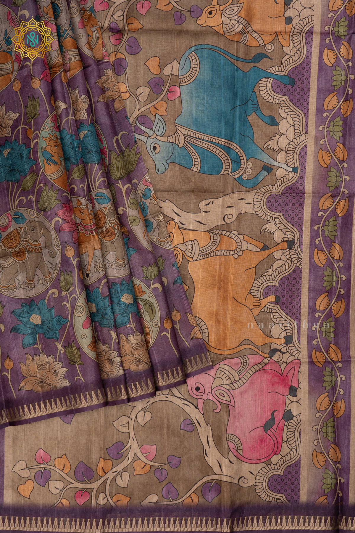 Purple Semi Tussar Silk Saree With Kalamkari Prints allover the body,Pallu and Zari Border