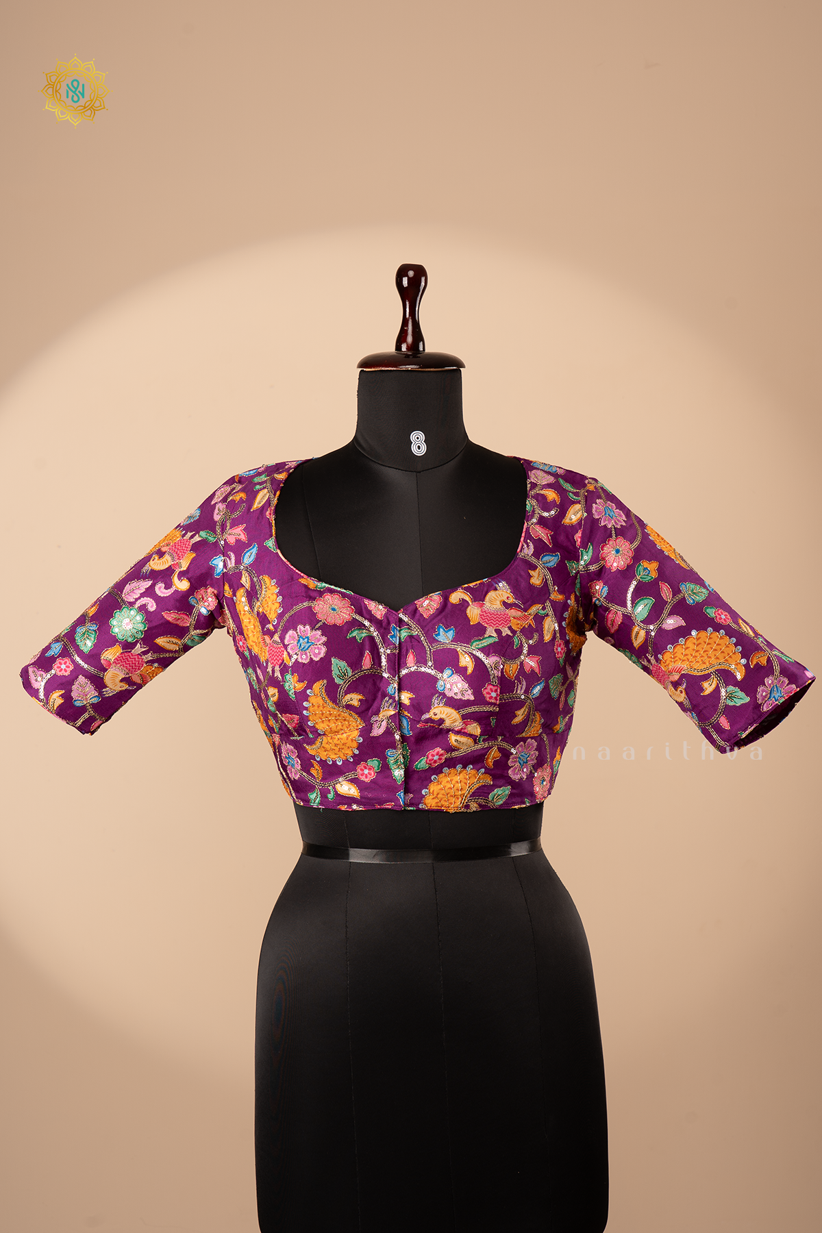 MAGENTA - DOLA SILK READYMADE BLOUSE WITH POSITION PRINTS & AARI WORK